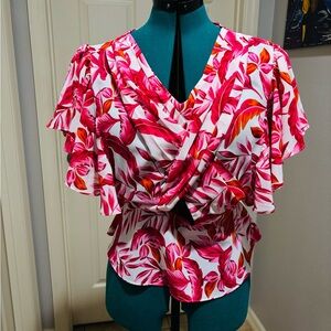 Vibrant Pink Floral Blouse with Ruffle Sleeves